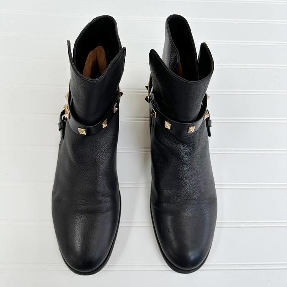 Valentino Rockstud Ankle Bootie Studded Strap Leather Chelsea Flat Boots - Picture 13 of 13